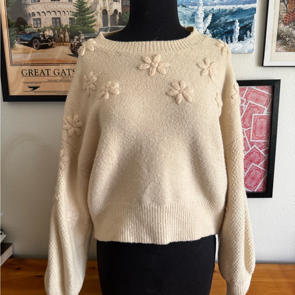 Women's Cream Flower-Appliqué Sweater